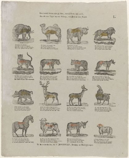 Here you see a number of animals, of various kinds; / Such as a tiger and a sheep, a donkey and a horse