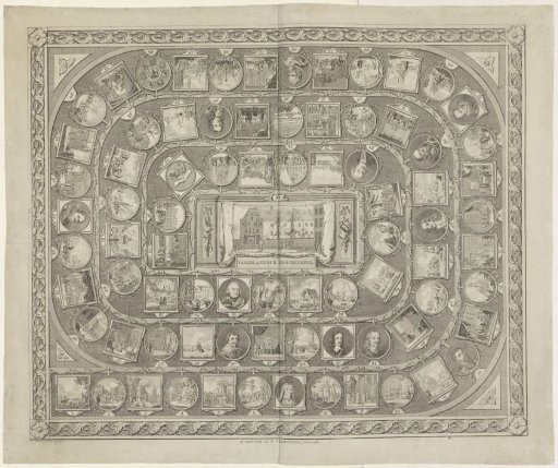Board game with events and portraits of important figures from Dutch history