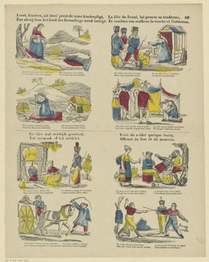 Learn, children, from this print the true duty of children, / As it was performed by the child of the exile / La fille du Banni, lui prouve sa tendresse, / Et combien son malheur la touche et l'intéresse / See here what sometimes happens, / For amusement or for sorrow / Voici du soldat quelque trai