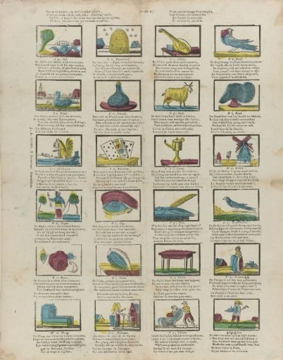 Of all the letters, placed on the letter list / You will find under each the thing that the image tells you [(...)]