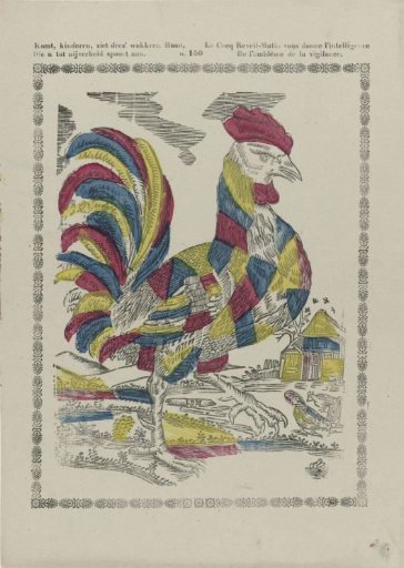 Come, children, see this lively rooster / Who urges you to industry / Le cocq reveil-matin vous donne l'intelligence / De l'emblême de la vigilance
