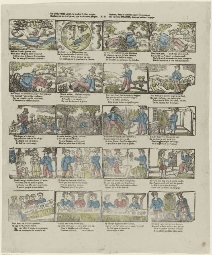 See Gulliver's case, the lands of all the ways, / Described in this print, are located in the moon. / Youth, admire in this picture the passages, / Which Gulliver experienced in his curious voyages