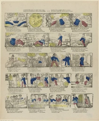 See Gulliver's case, the lands of all the ways, / Described in this print, are located in the moon. / Youth, admire in this picture the passages, / Which Gulliver experienced in his curious voyages