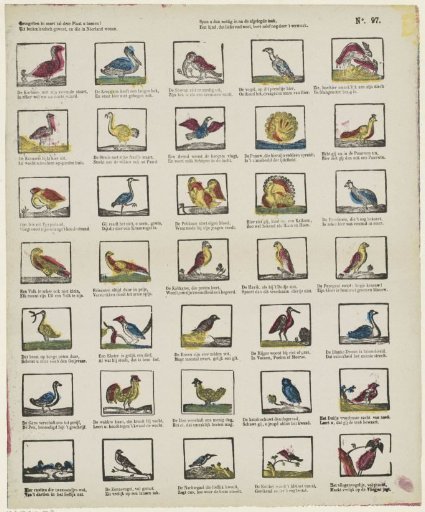 Birds of various kinds this plate shall show you! / From foreign lands, and those that dwell in the Netherlands / Apply yourself usefully after the assigned task, / A child who loves to know much learns even through pleasure