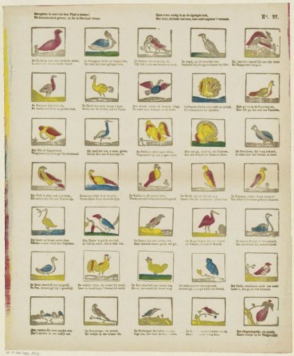 Birds of various kinds this plate shall show you! / From foreign lands, and those that dwell in the Netherlands / Apply yourself usefully after the assigned task, / A child who loves to know much learns even through pleasure
