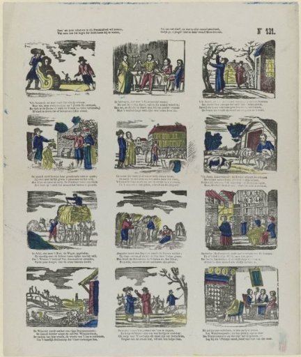 These six pairs of sketches in this print tableau wish to show, / What one comes to witness from the beginning of the year, / Until the end, and what happens in each month, / As you, O youth! see here in these twelve months