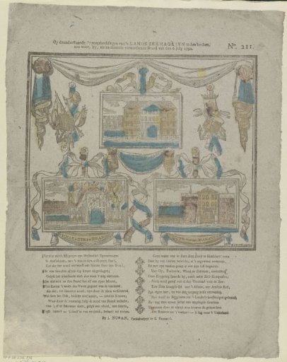 On the following print depictions of the state naval magazine in Amsterdam, / both before, during, and after its devastating fire of 6 July 1791