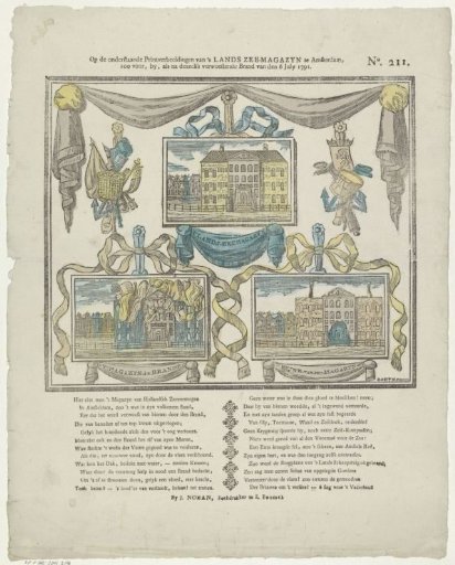 On the following print depictions of the state naval magazine in Amsterdam, / both before, during, and after its devastating fire of 6 July 1791