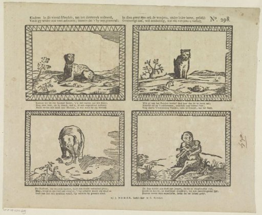 Children in this quartet of creatures, borrowed from the animal kingdom, / You find so many masters; indeed that is what is meant by us; / In that spirit are also the verses, placed under each beast: / Then consider, with great attention, what each verse tells you