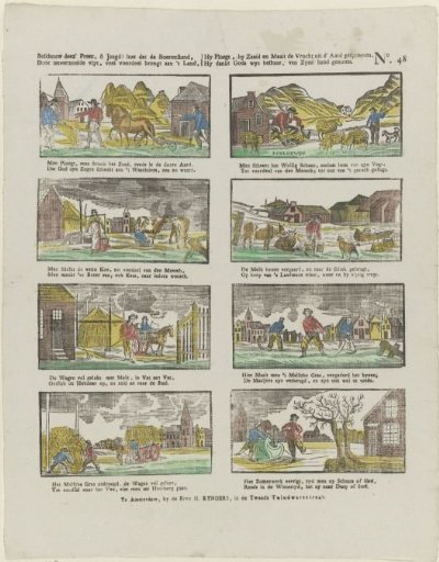 Consider this print, O youth! how the farming class, / Through tireless diligence, brings much benefit to the land, / He ploughs, he sows and reaps the fruit sprung from the Earth, / He thanks God's wise government, received from His hand