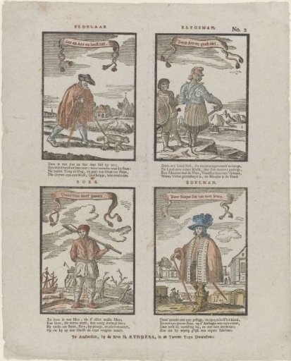 Beggar. / Soldier. / Peasant. / Nobleman