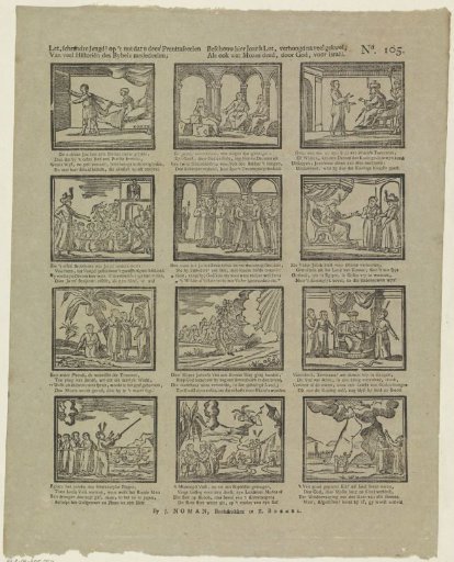 Pay attention, clever youth! to the benefit these print scenes / Communicate to you from many histories of the Bible; / Behold here Joseph's lot, exalted after much suffering, / As well as what Moses did, by God, for Israel