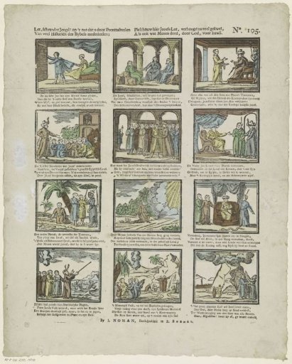 Pay attention, clever youth! to the benefit these print scenes / Communicate to you from many histories of the Bible; / Behold here Joseph's lot, exalted after much suffering, / As well as what Moses did, by God, for Israel
