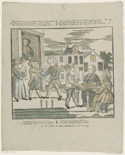 The Three Kings' feast is seen being joyfully celebrated by children; / Indeed, Flipje saw his head adorned with a crown [(...)]