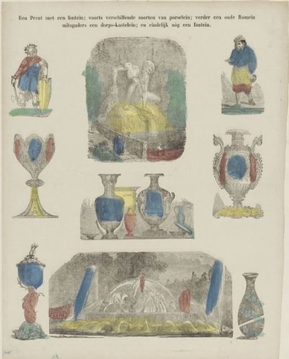 A print with a fountain; furthermore various types of porcelain; also an ancient Roman / as well as a village innkeeper; and finally another fountain