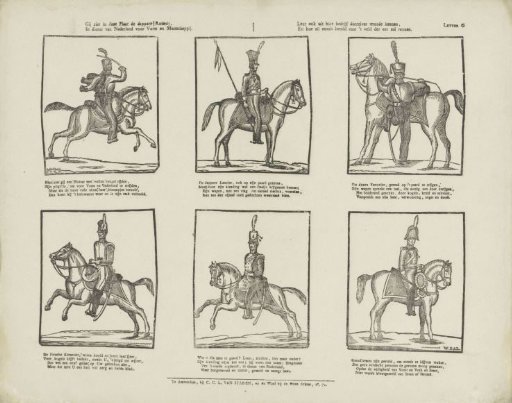 You see in this plate the brave cavalry, / In service of the Netherlands for prince and society. / Learn also from their occupation their value, / And how they are always ready to run to the field of honor