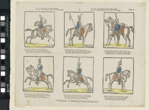 You see in this plate the brave cavalry, / In service of the Netherlands for prince and society. / Learn also from their occupation their value, / And how they are always ready to run to the field of honor