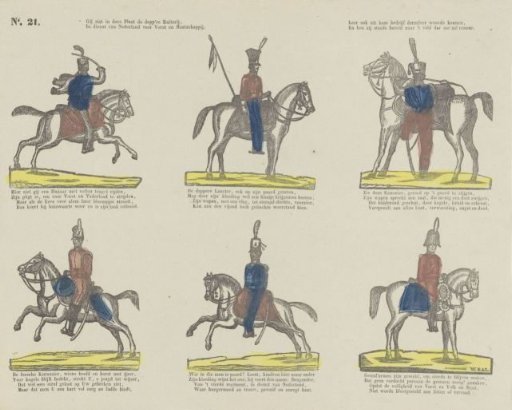 You see in this print the brave cavalry, / In service of the Netherlands for prince and society. / Learn also from their conduct their value, / And how they are always ready to run to the field of honor
