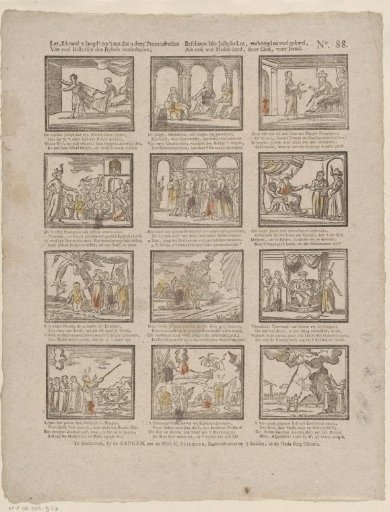 Look, clever youth! on the benefit that these print scenes / Communicate to you from many histories of the Bible; / Behold here Joseph's lot, exalted after much suffering, / As also what Moses did, by God, for Israel