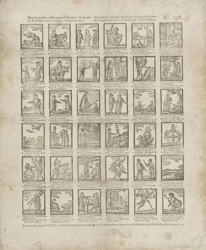 Proverbs, fitting the images you see / In this tableau, are for your use, do not forget them; / But imprint, ô youth! the meaning of them in your thoughts, / You may therefrom derive pleasure and amusement
