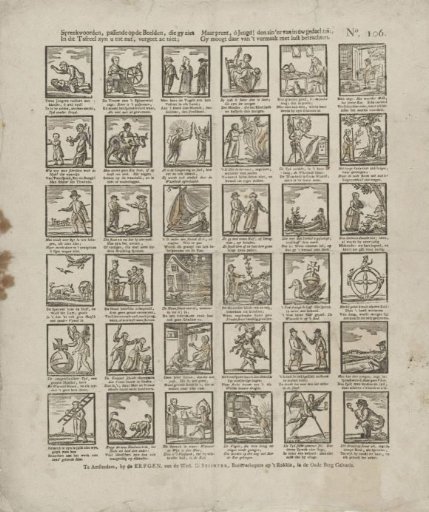 Proverbs, fitting the images you see / In this tableau, are for your use, do not forget them; / But imprint, ô youth! the meaning of them in your thoughts, / You may therefrom derive pleasure and amusement