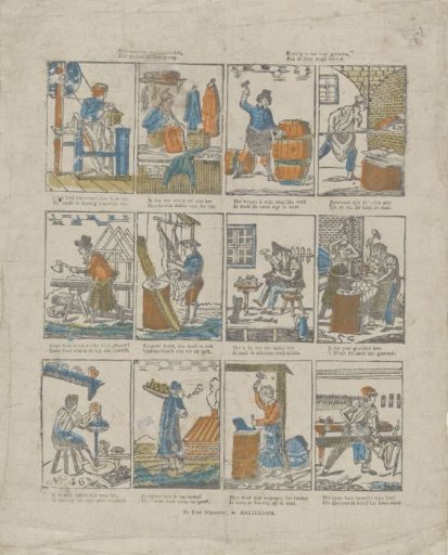 Various occupations, / See here in this print, / Skillfully carved in wood, / Known to dear youth