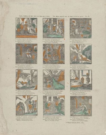 Learn, children, from this print of the life of Genevieve, / That misfortune strikes, but virtue can give patience