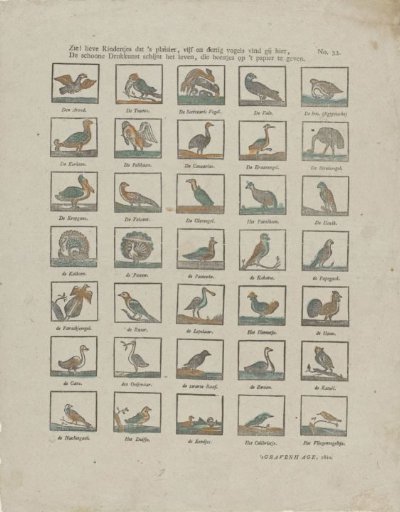 Behold, dear children, that is the pleasure, thirty-five birds you will find here, / The fine printing art seems to give life to these creatures on paper