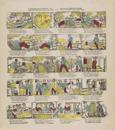 See Gulliver's case, the lands all [..] ways, / Described in this print, are located in the moon. / Youth, dance and admire the passages in the tableau. / What Gulliver experienced in his curious voyages