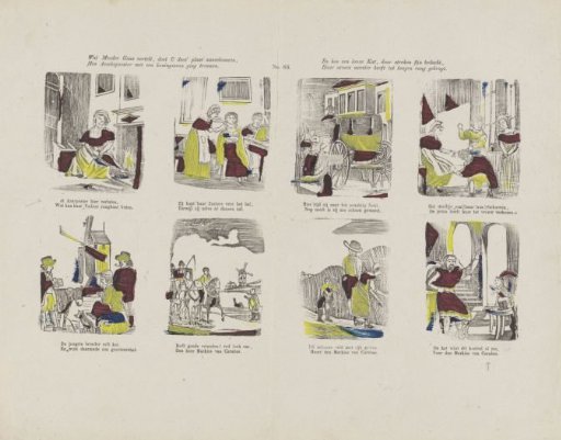 What Mother Goose tells you, this plate shows you, / How Cinderella married a prince. / And how a treacherous cat, with clever tricks devised, / Brought her poor master to a high rank