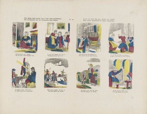 What Mother Goose tells you, this plate shows you, / How Cinderella married a prince. / And how a treacherous cat, with clever tricks devised, / Brought her poor master to a high rank