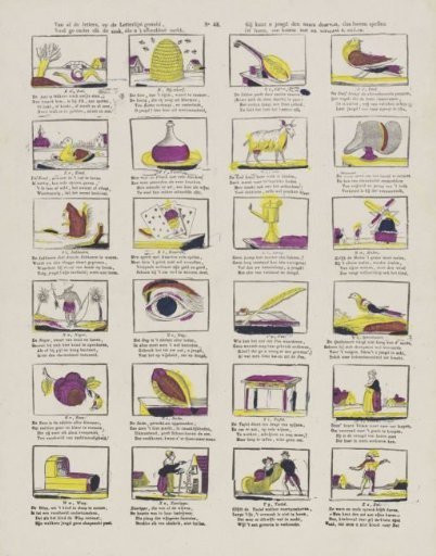 Of all the letters, set on the letter chart, / You will find under each the thing that the image tells you. / You can then, O youth, learn to spell from its name / Or read, to find here profit and pleasure