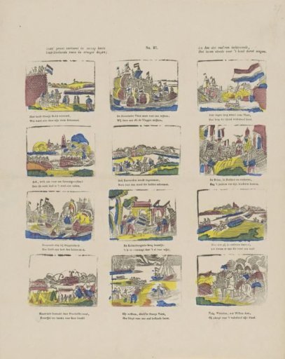 This print shows in many images / Old-Holland's renown in former days; / And how the valor of our fathers / Still dared to risk their lives for the country