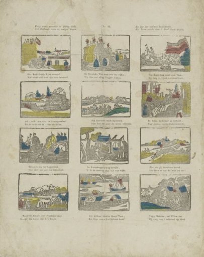 This print shows in many images / Old-Holland's renown in former days; / And how the valor of our fathers / Still dared to risk their lives for the country