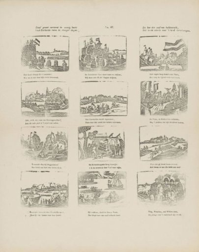 This print shows in many images / Old-Holland's renown in former days; / And how the valor of our fathers / Still dared to risk their lives for the country