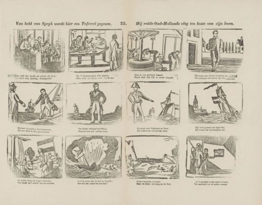Here is given a scene of Held van Speyk, / He saved the Old-Holland flag at the cost of his life