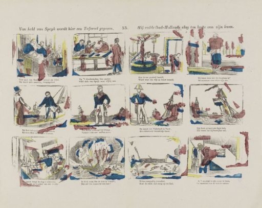 Here is given a scene of Held van Speyk, / He saved the Old-Holland flag at the cost of his life