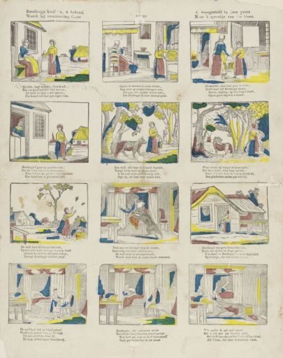 Little Red Riding Hood, children, you know / Is now presented anew / To you in this print / According to the proverb of the goose