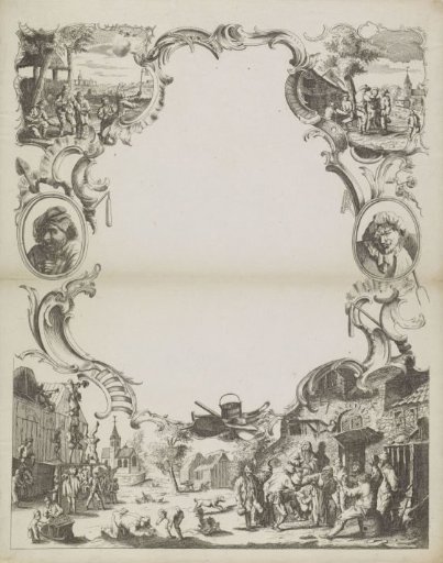 New Year's card with an inn, drinking peasants, and acrobats