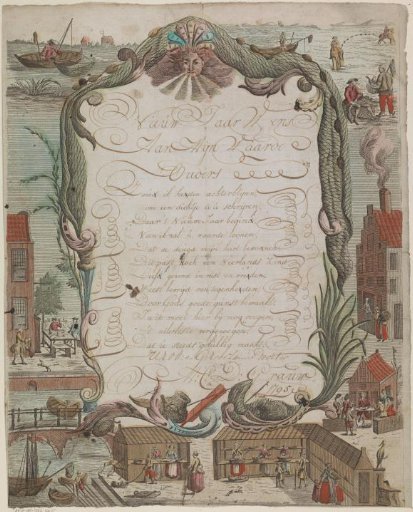 New Year's card with fishermen and fishmongers