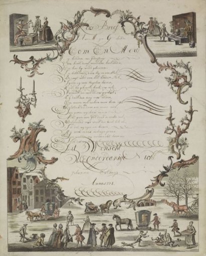 New Year's card with street scenes and street vendors