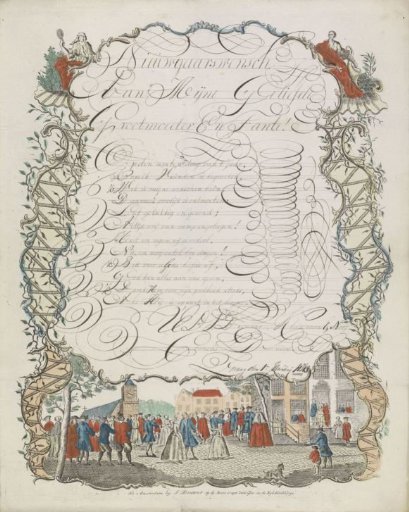 New Year's card with a bride and groom on a square with onlookers