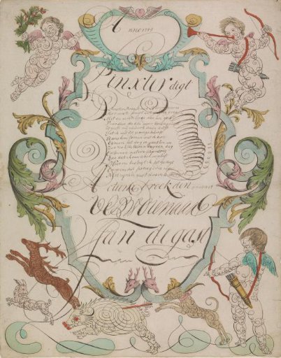 New Year's card with a putto shooting at a boar