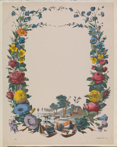 Greeting card with a floral wreath and a landscape with a farm and animals