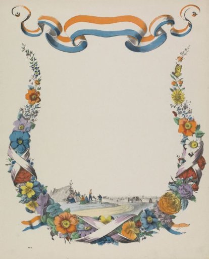 Greeting card with a floral wreath and a landscape with people at a tent