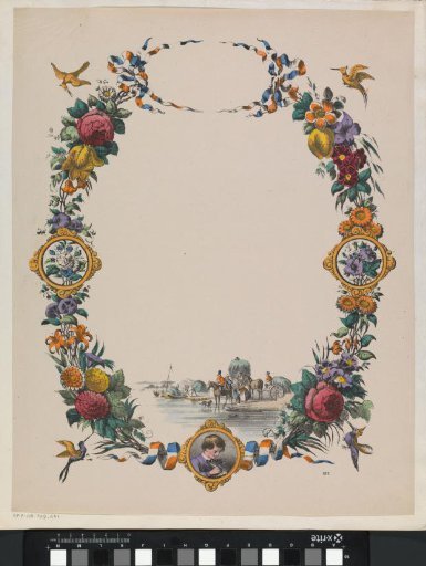 Greeting card with a floral wreath and a hay wagon