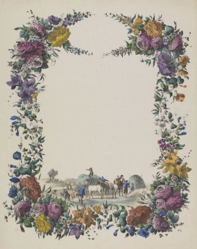 Greeting card with a floral wreath and a hay wagon