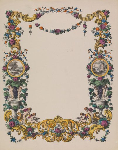 Greeting card with a floral wreath and putti