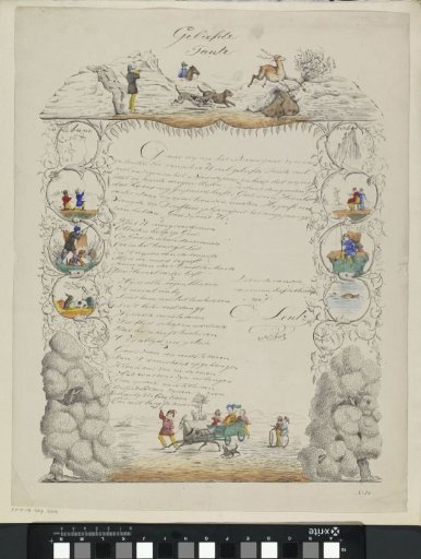 Greeting card with hunting scenes and playing children
