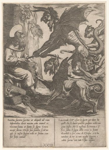 St. Anthony challenges the demons while weaving baskets